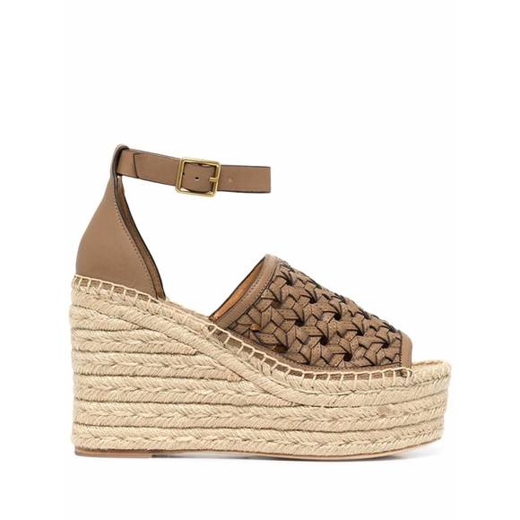 NEW TORY BURCH basketweave calfskin wedge espadrille sandal in almond flour - Picture 2 of 4